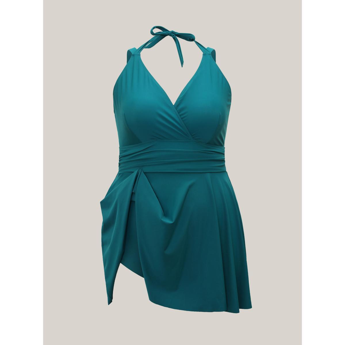 Plus Size Solid Ruffle Hem Empire Waist Halter Neck Swim Dress Women's Swimwear Cerulean Beach Bodycon Halter neck High stretch Curve Swim Dresses BloomChic 18-20/2X Product Image