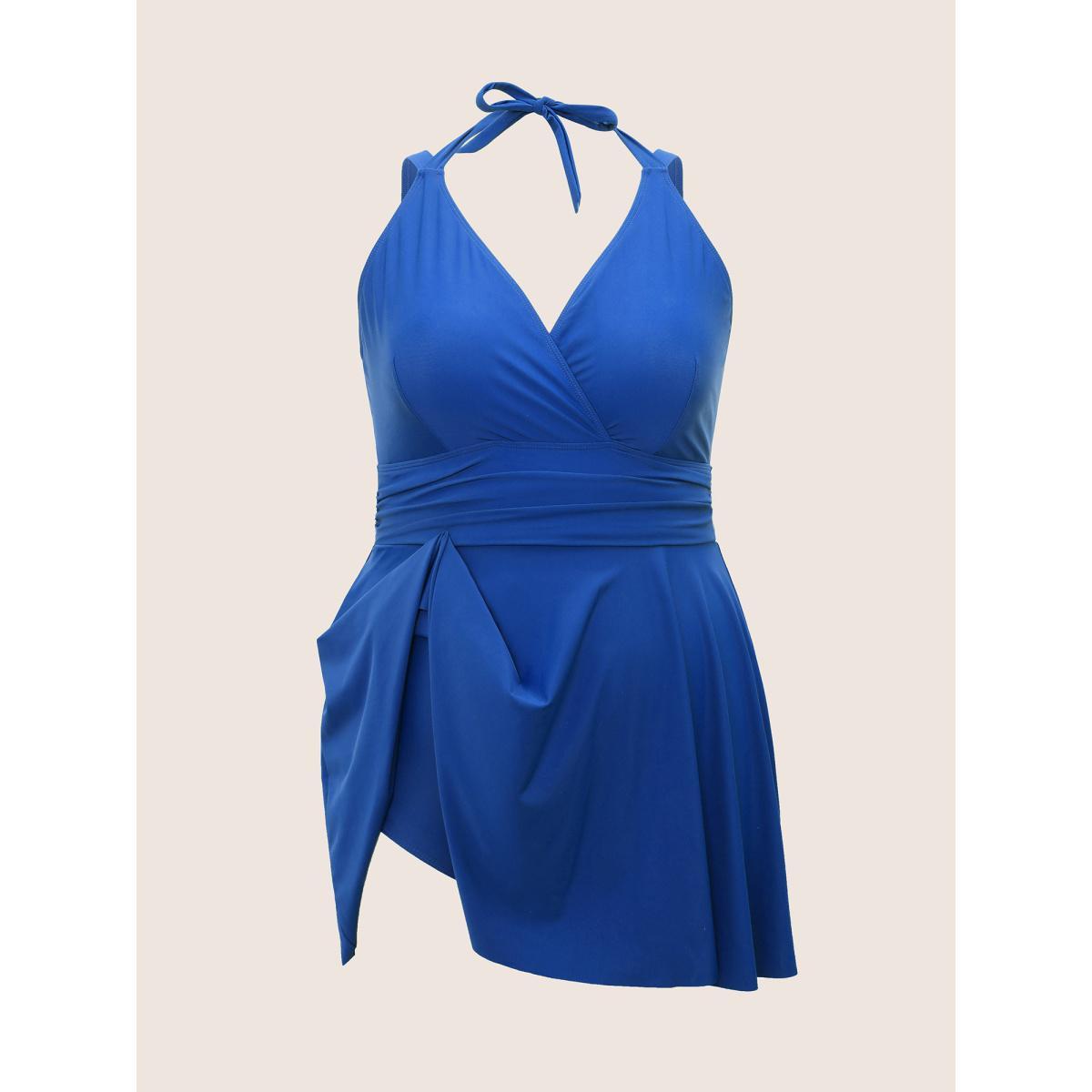 Plus Size Solid Ruffle Hem Empire Waist Halter Neck Swim Dress Women's Swimwear RedViolet Beach Bodycon Halter neck High stretch Curve Swim Dresses BloomChic 18-20/2X Product Image