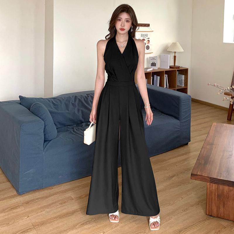Halter Plain Wide Leg Wrap Jumpsuit Product Image