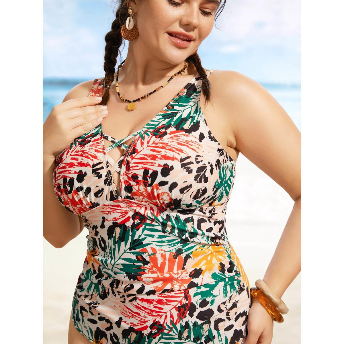 Plus Size Tropical Print Crisscross Keyhole One Piece Swimsuit Women's Swimwear Multicolor Beach Gathered Curve Bathing Suits High stretch One Pieces BloomChic 18-20/2X Product Image