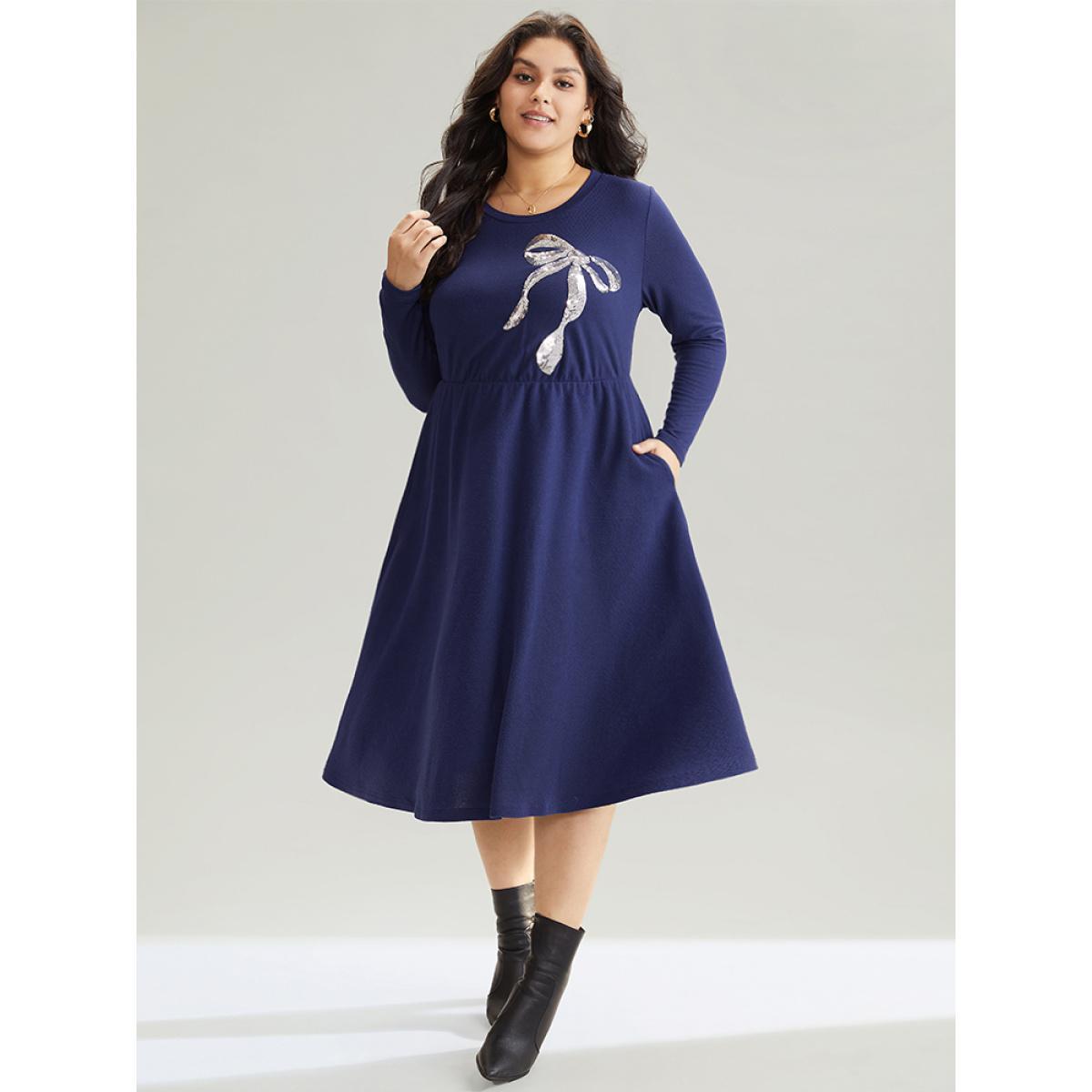 Plus Size Bowknot Sequin Pocket Crew Neck Dress DarkBlue Women Elegant Sequin Round Neck Long Sleeve Curvy Midi Dress BloomChic 10/M Product Image
