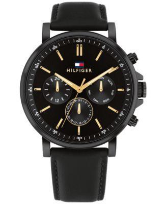 Tommy Hilfiger Mens Multifunction Black Leather Watch 44mm Product Image