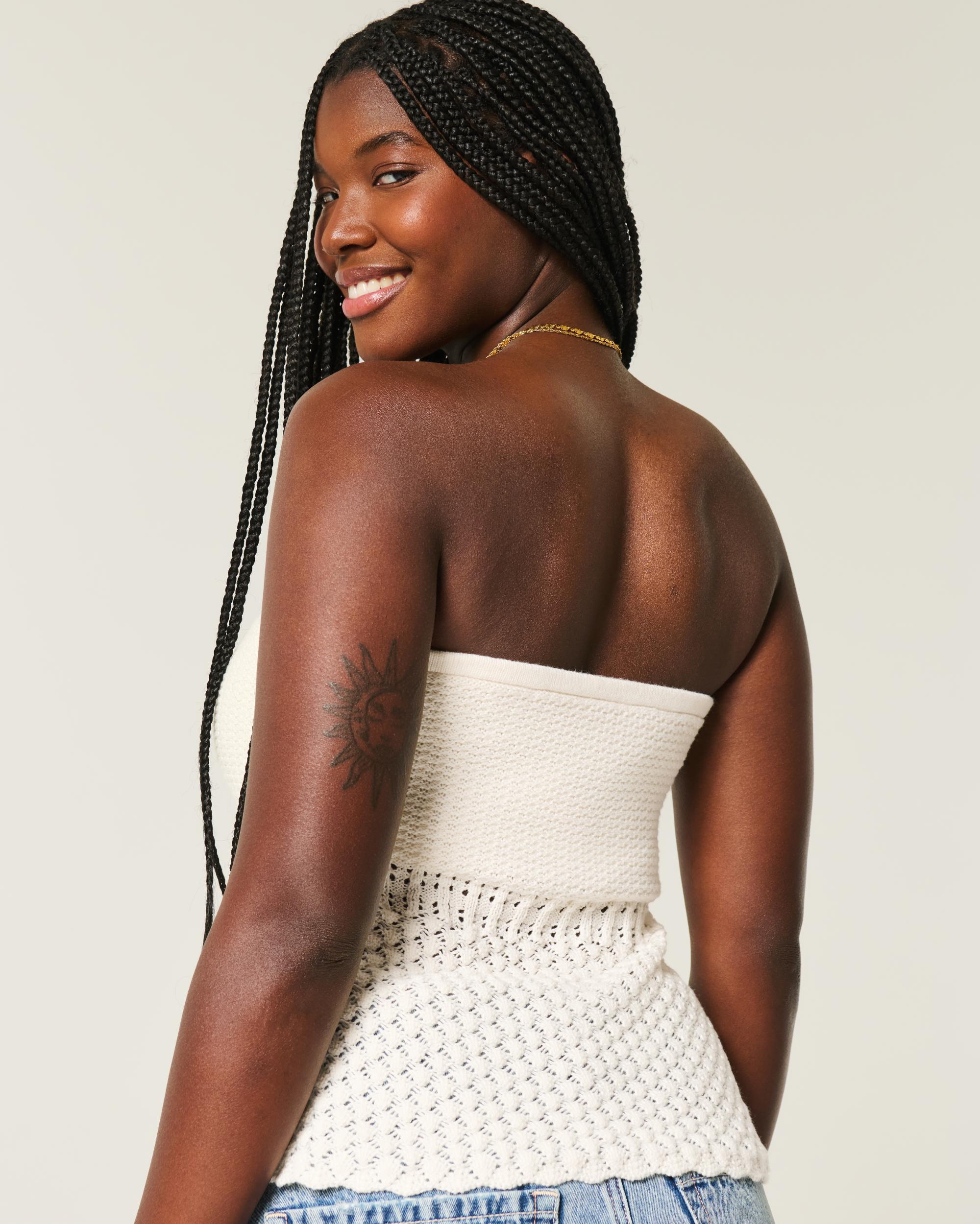 Crochet-Style Strapless Sweater Tube Top Product Image