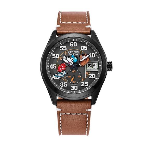 Disneys 100th Anniversary Mickey Mouse Mens Eco-Drive Batters Up Brown Leather Strap Watch by Citizen - BV1089-05W Product Image