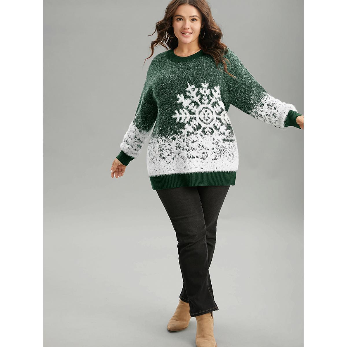 Plus Size Fuzzy Snowflake Elastic Cuffs Pullover DarkGreen Women Casual Loose Long Sleeve Round Neck Festival-Halloween Pullovers BloomChic 12/L Product Image