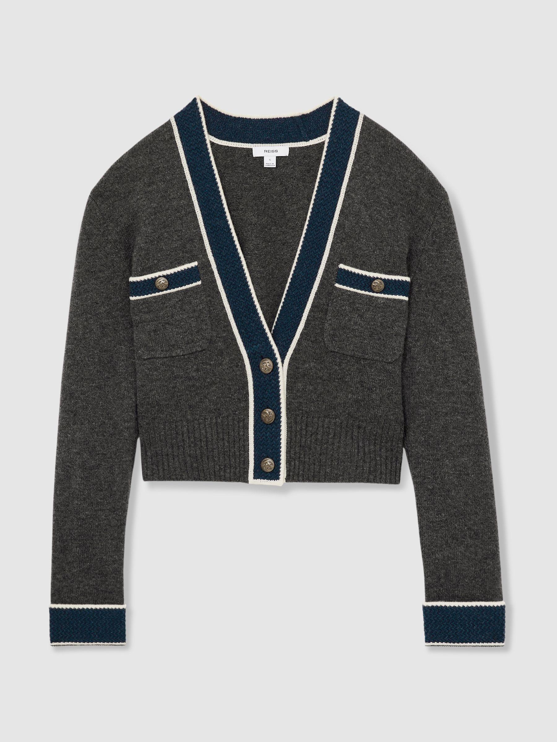 Wool-Cashmere Tipped V-Neck Cardigan in Charcoal Product Image