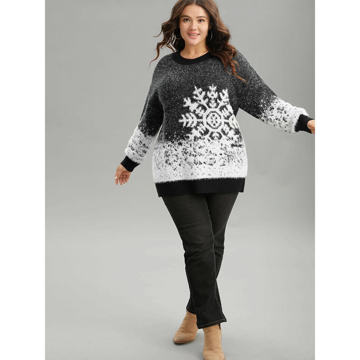 Plus Size Fuzzy Snowflake Elastic Cuffs Pullover Black Women Casual Loose Long Sleeve Round Neck Festival-Halloween Pullovers BloomChic 12/L Product Image