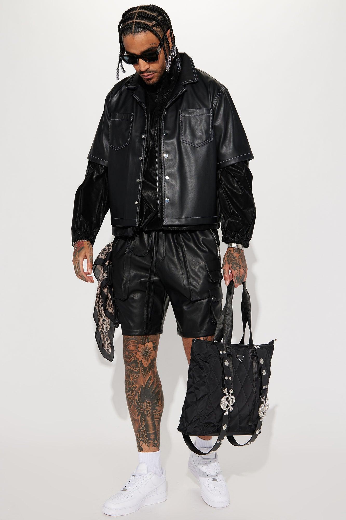 Simple Times Faux Leather Short Sleeve Shirt - Black Product Image