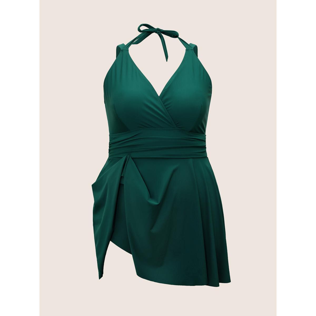 Plus Size Solid Ruffle Hem Empire Waist Halter Neck Swim Dress Women's Swimwear DarkGreen Beach Bodycon Halter neck High stretch Curve Swim Dresses BloomChic 14-16/1X Product Image