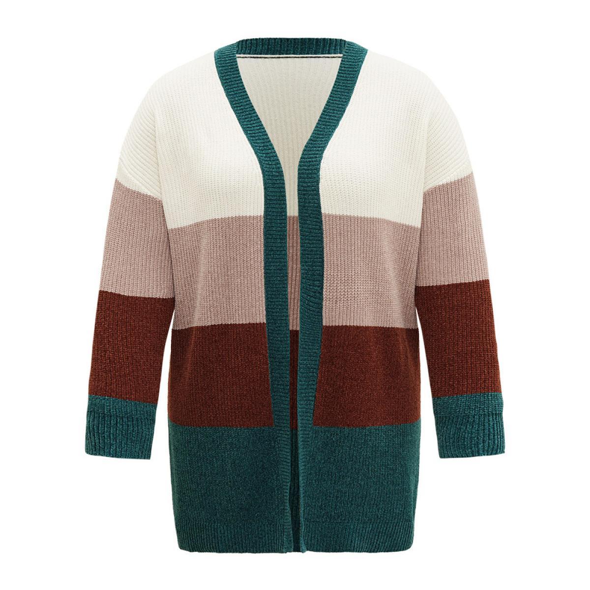 Plus Size Colorblock Contrast Open Front Cardigan Multicolor Women Casual Loose Long Sleeve Festival-Christmas Cardigans BloomChic 28/5X Product Image
