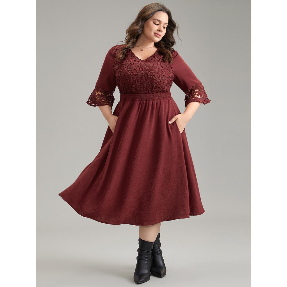 Plus Size Geometric Shirred Lace Patchwork Bell Sleeve Dress Scarlet Women Elegant Plain V-neck Elbow-length sleeve Curvy Midi Dress BloomChic 12/L Product Image