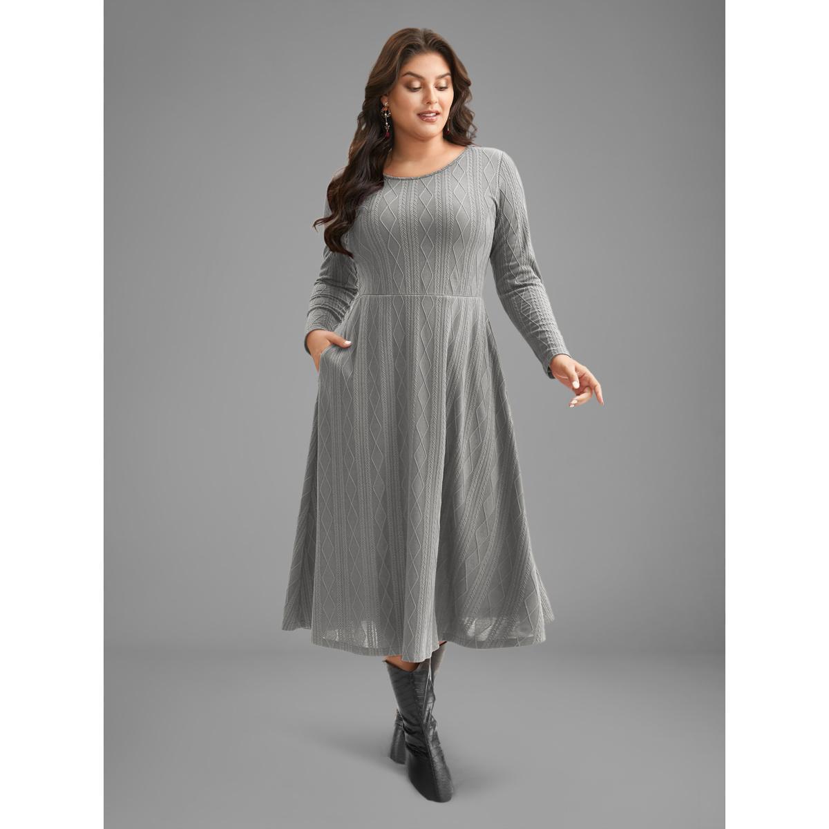 Plus Size Textured Knit Fit-And-Flare Midi Dress Mediumgray Women Casual Texture Round Neck Long Sleeve Curvy BloomChic 26/4X Product Image