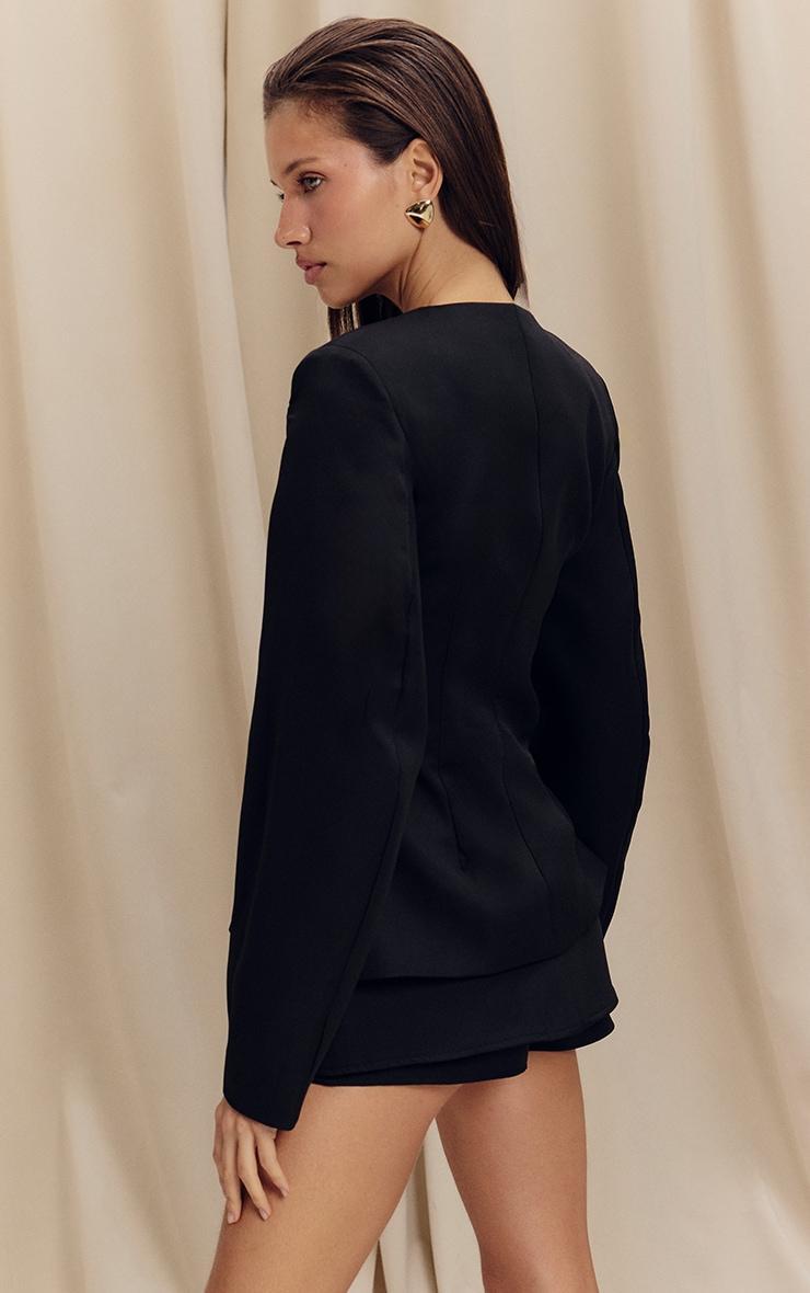 Black Woven Cinched Waist Cocoon Sleeve Button Up Blazer Product Image