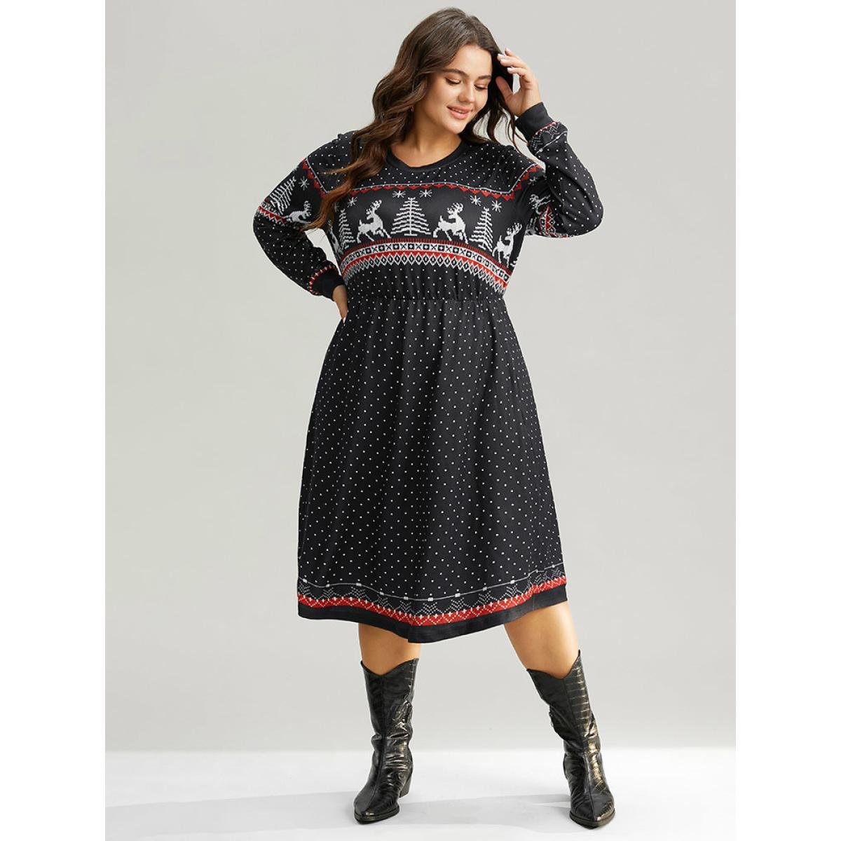 Plus Size Christmas Elk Patchwork Polka Dot Pocket Dress Black Women Casual Printed Round Neck Long Sleeve Curvy Midi Dress BloomChic 28/5X Product Image