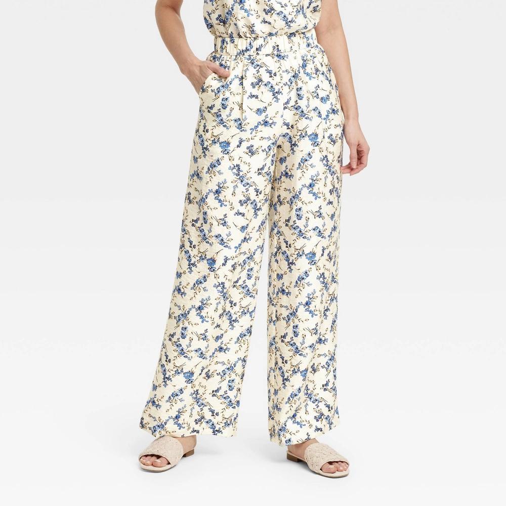 Womens High-Rise Wide Leg Pull-On Pants - A New Day Cream Floral Product Image