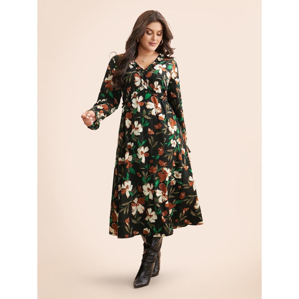 Plus Size Floral Elastic Waist Frill Trim Midi Dress BlackFlower Women Elegant Frill Trim V-neck Long Sleeve Curvy BloomChic 22-24/3X Product Image