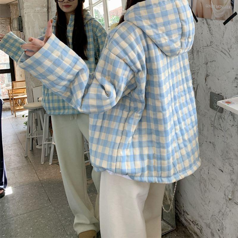 Gingham Drawstring Half-Buttoned Hoodie Product Image