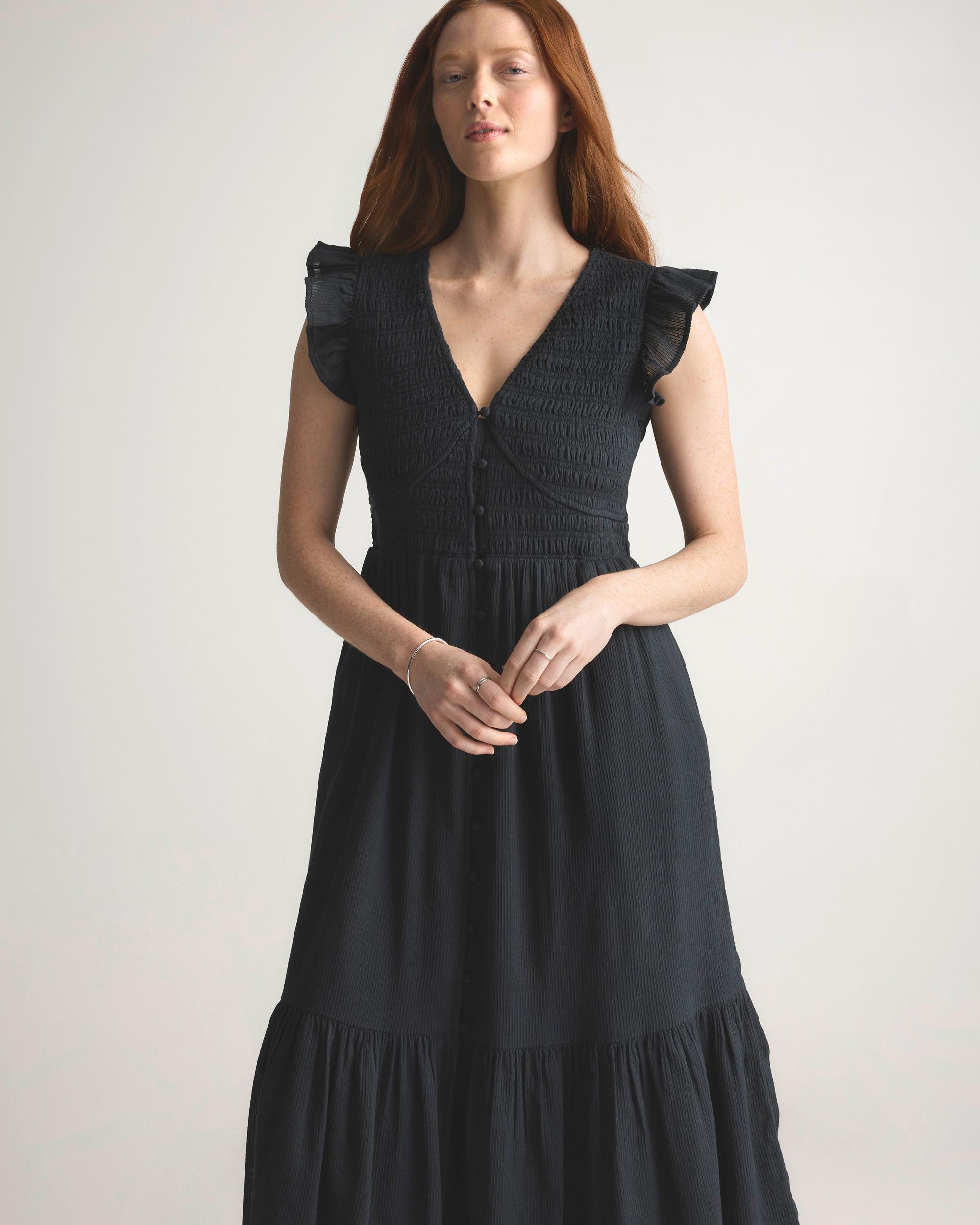 Quince | Women's Organic Textured Cotton Smocked V-Neck Midi Dress Size XS, Organic Cotton Product Image