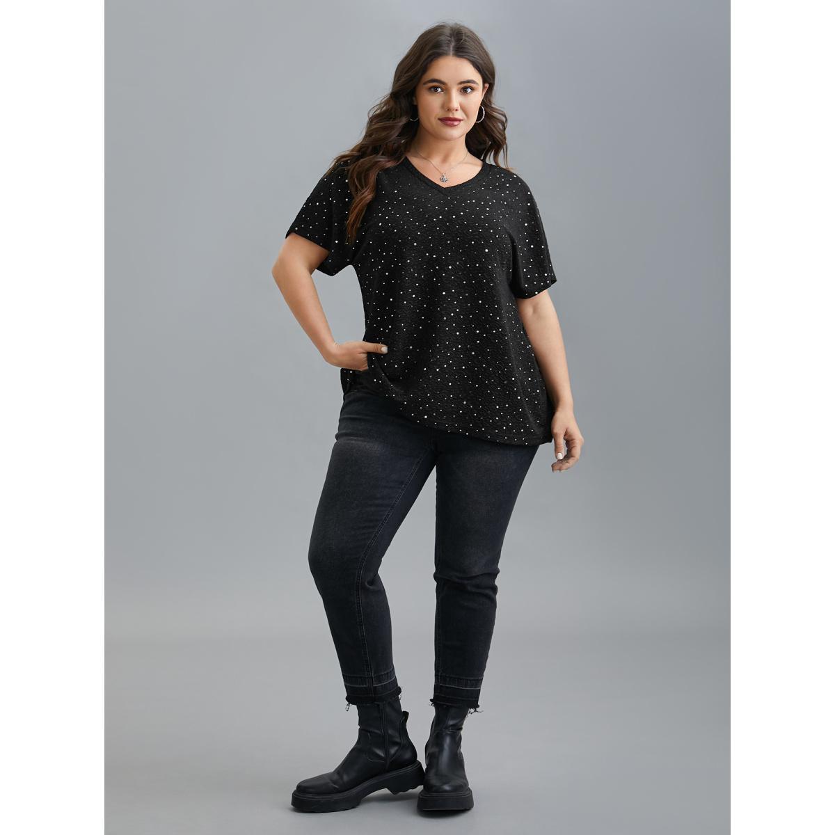 Plus Size V-Neck Sequin Textured T-Shirt Black Women Casual Rhinestone detailing V-neck Everyday T-shirts BloomChic 30/6X Product Image