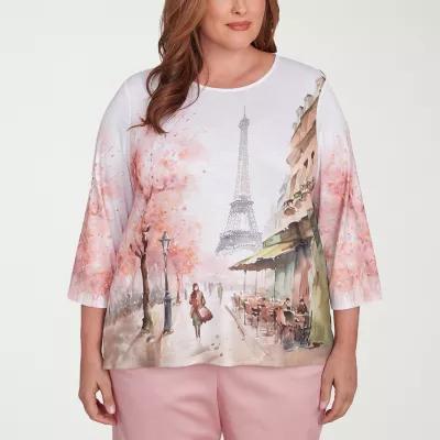 Alfred Dunner Coming Up Roses Womens Plus Crew Neck 3/4 Sleeve T-Shirt Product Image