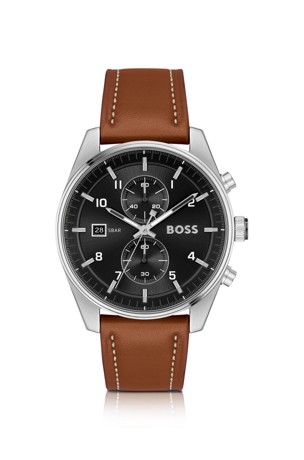 Black-dial chronograph watch with brown leather strap Product Image