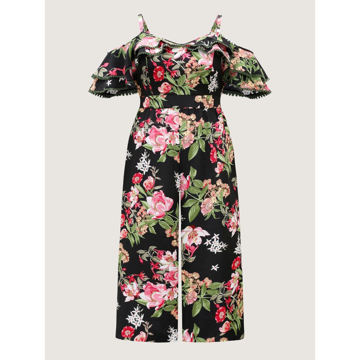 Plus Size Black Floral Print Off-Shoulder Wide-Leg Jumpsuit Women Short sleeve One-shoulder neck Everyday-Elegant Loose Jumpsuits BloomChic 18-20/2X Product Image