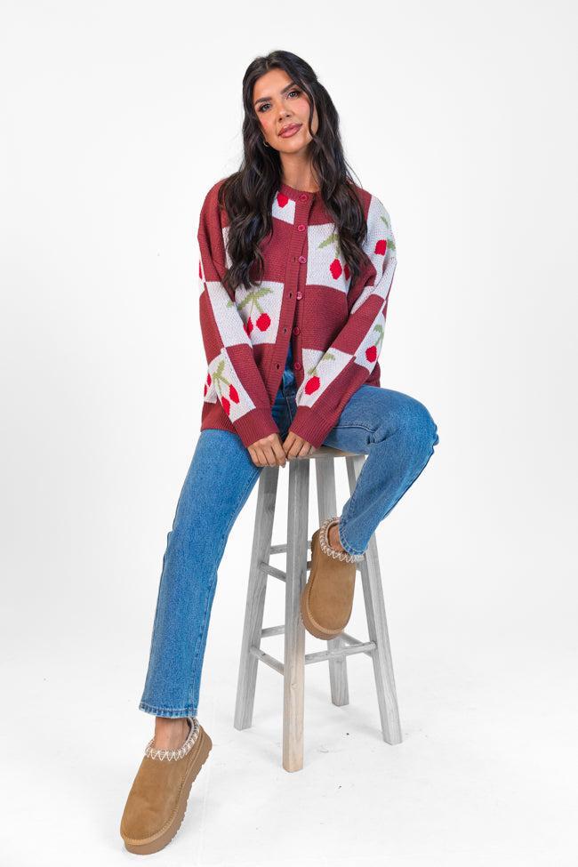 Cherry Much In Love Brick and White Multi Checkered Cardigan FINAL SALE Product Image