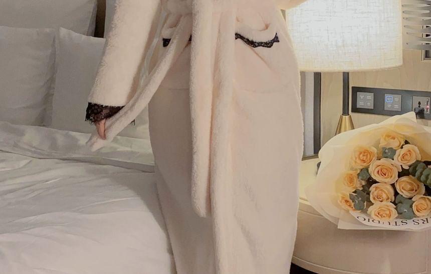 Sleeveless V-Neck Bow Accent Contrast Lace Trim Fleece Nightdress / Pajama Robe / Set Product Image