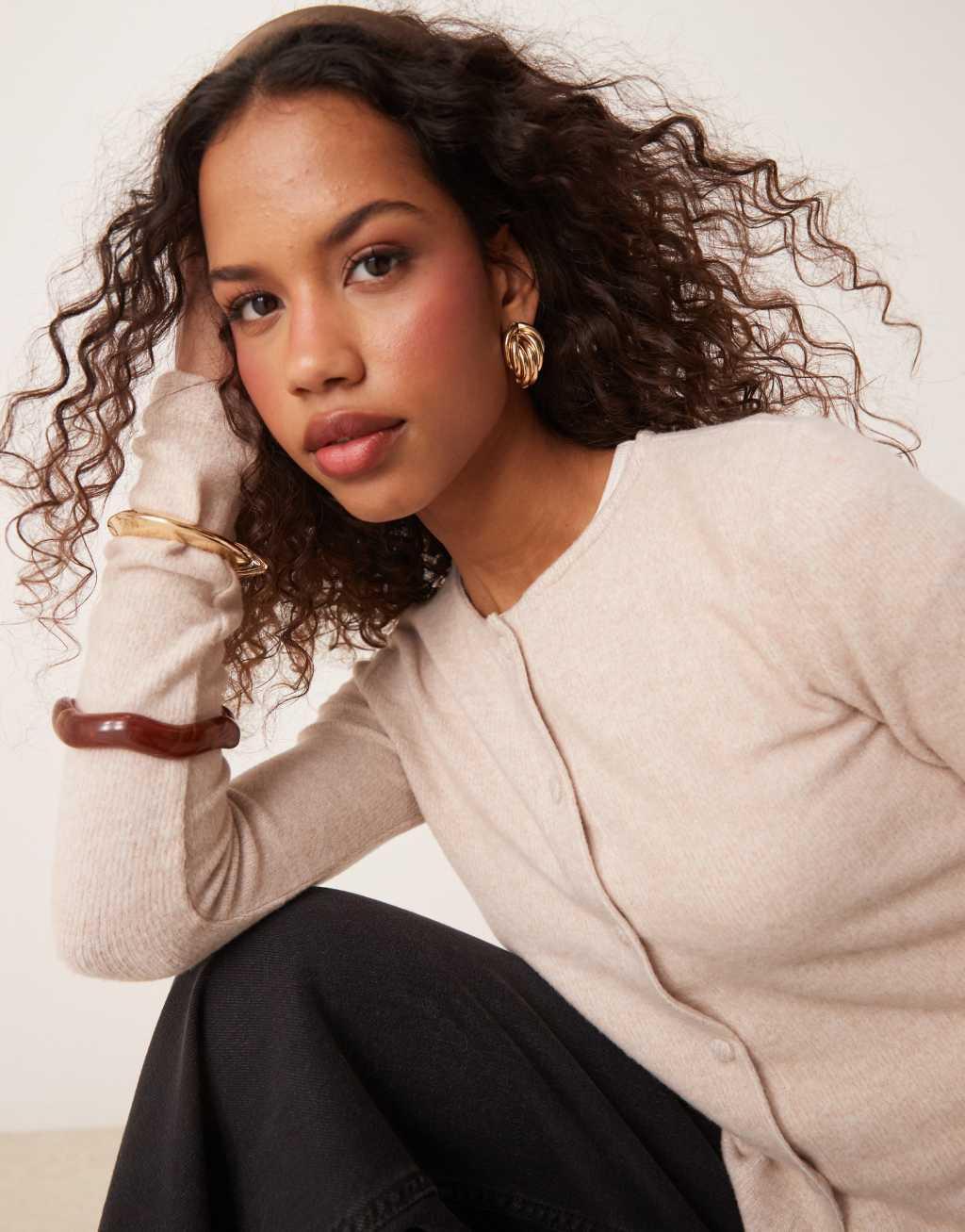 ASOS DESIGN covered button shrunken supersoft cardigan in oatmeal Product Image