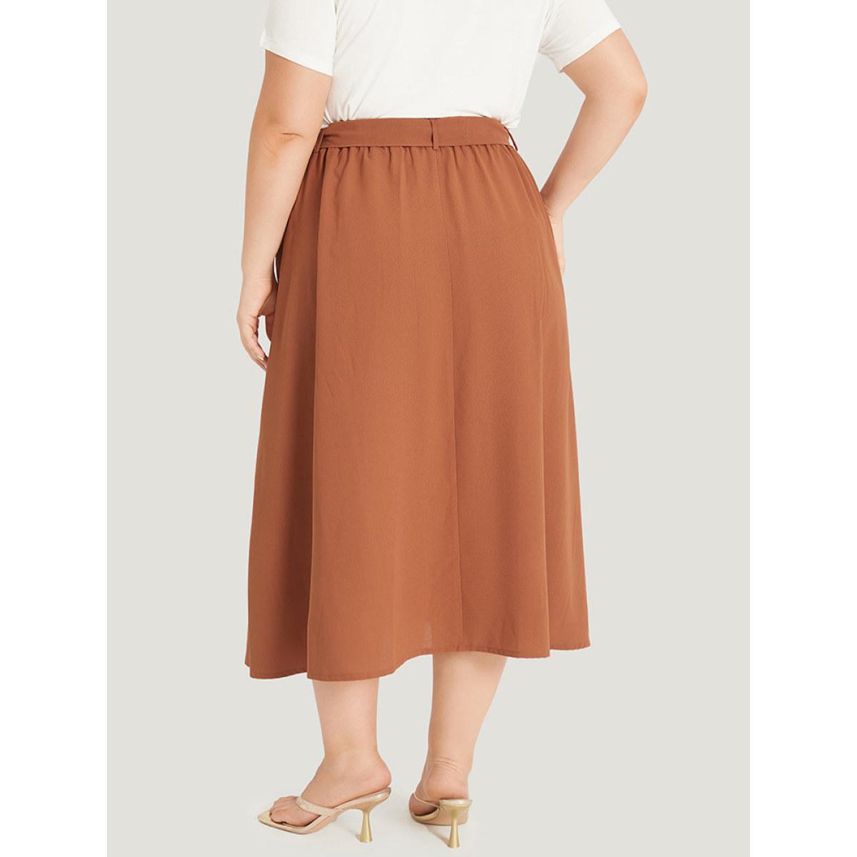 Plus Size Contrast Button Detail Flap Pocket Gathered Skirt Women OrangeRed Elegant Belted No stretch Pocket Dailywear Skirts BloomChic 30/6X Product Image