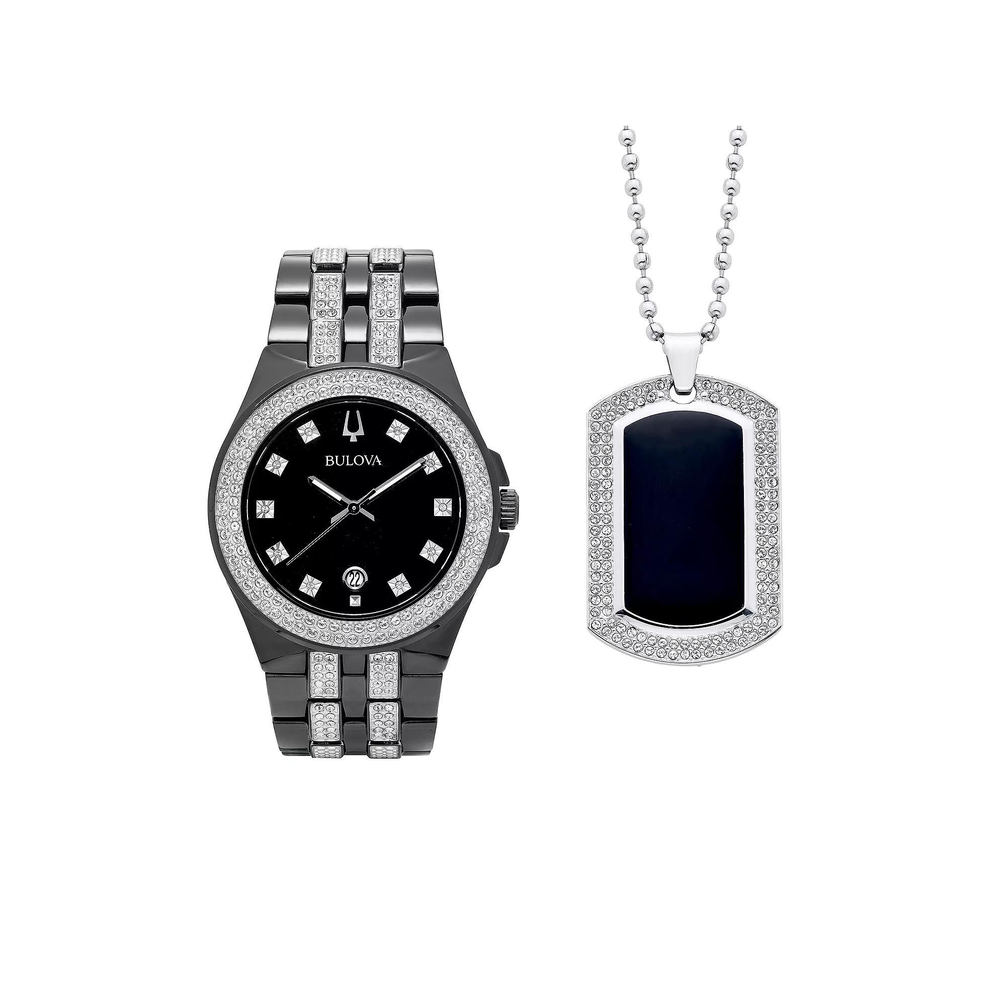 Bulova Men's Crystal Watch & Dog Tag Necklace Set - 98K101, Size: Large, Black Product Image