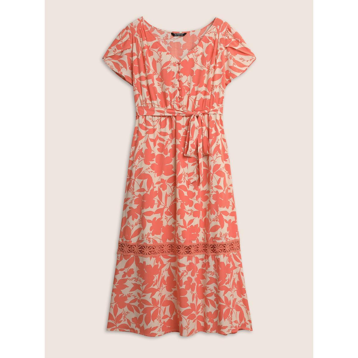 Plus Size Silhouette Floral Print Lace Trim Petal Sleeve Dress Salmon Women Resort Overlapping V-neck Cap Sleeve Curvy Midi Dress BloomChic 30/6X Product Image