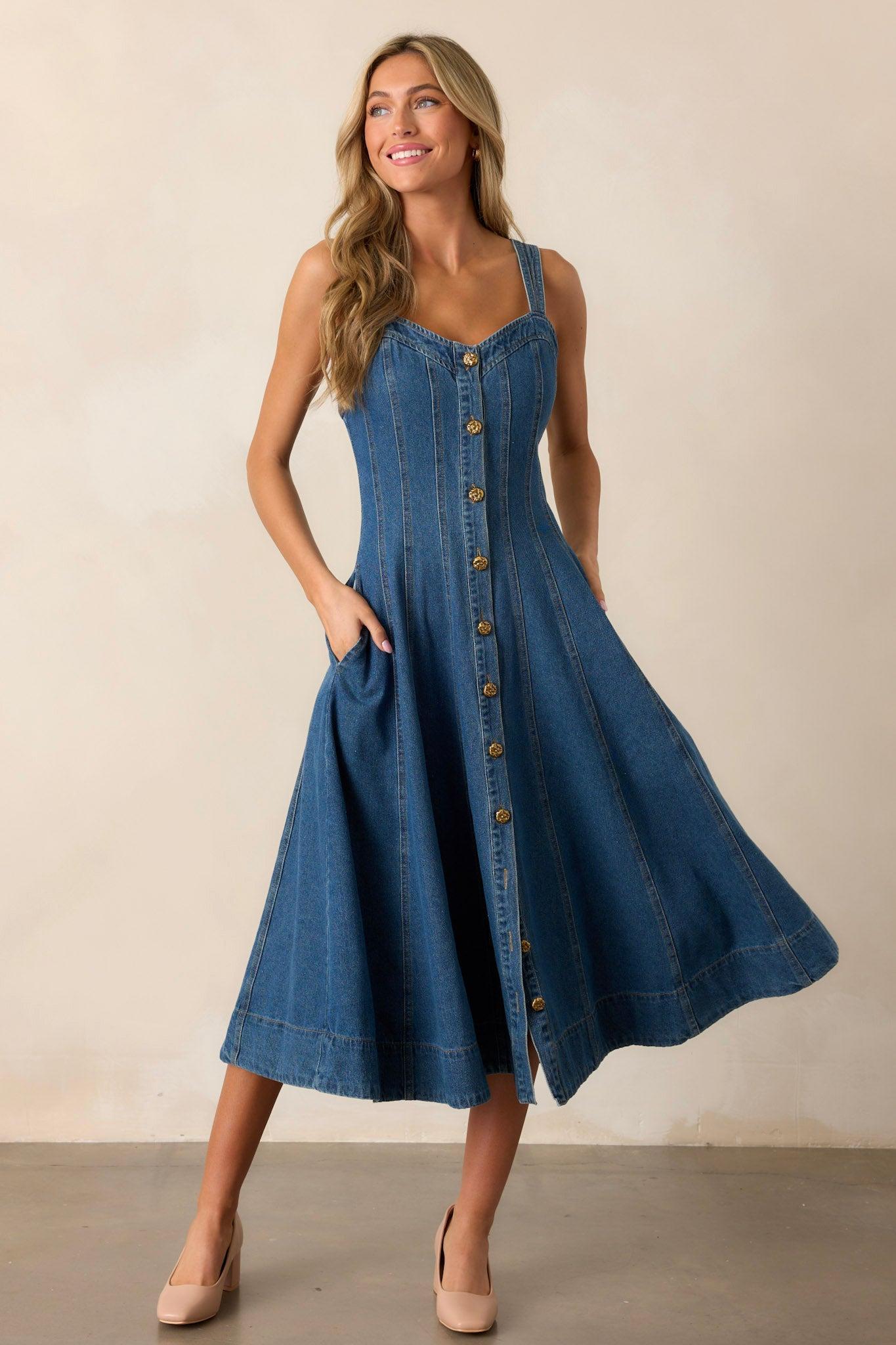 Quiet Moments Dark Wash Denim Midi Dress Product Image