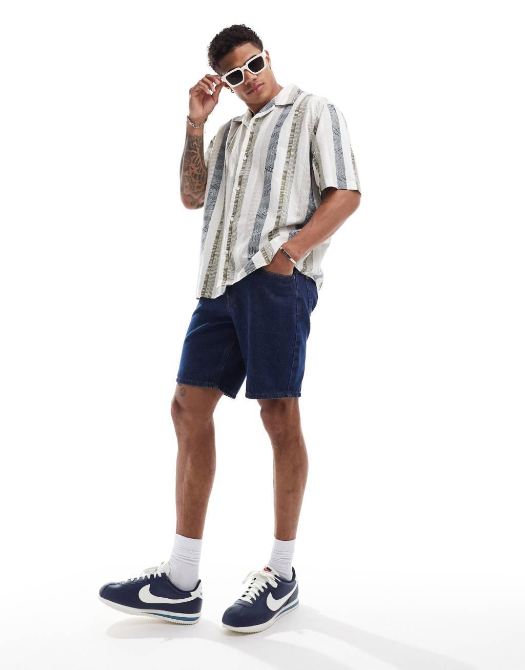 Selected Homme oversized linen mix camp collar shirt in printed stripe Product Image