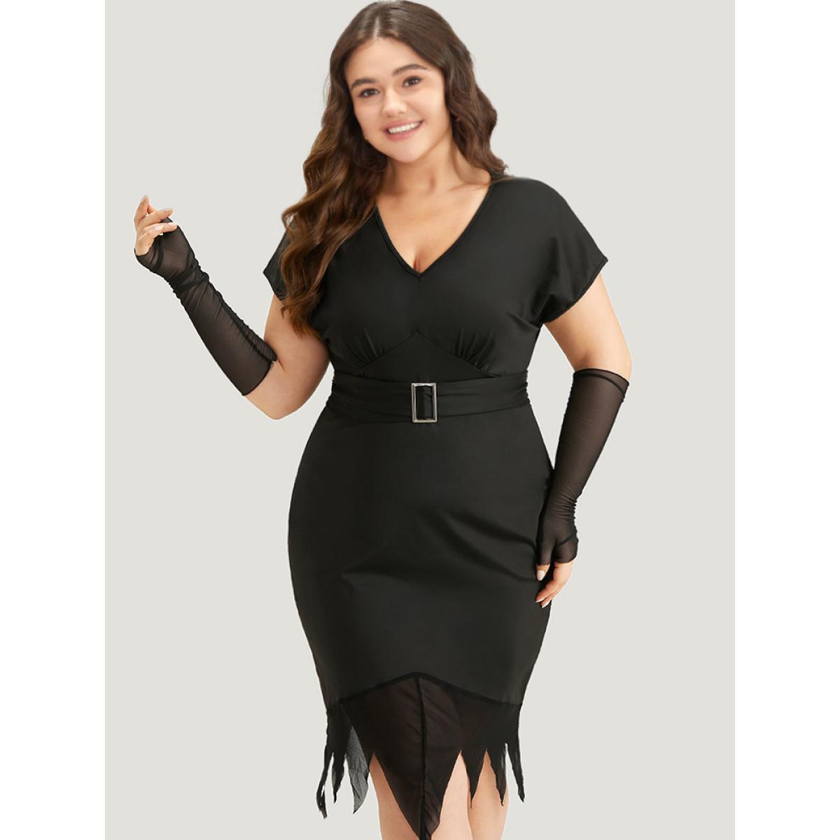 Plus Size Halloween Solid Mermaid Hem Mesh Bowknot Dress Black Women Casual Plain V-neck Sleeveless Curvy Knee Dress BloomChic 18-20/2X Product Image
