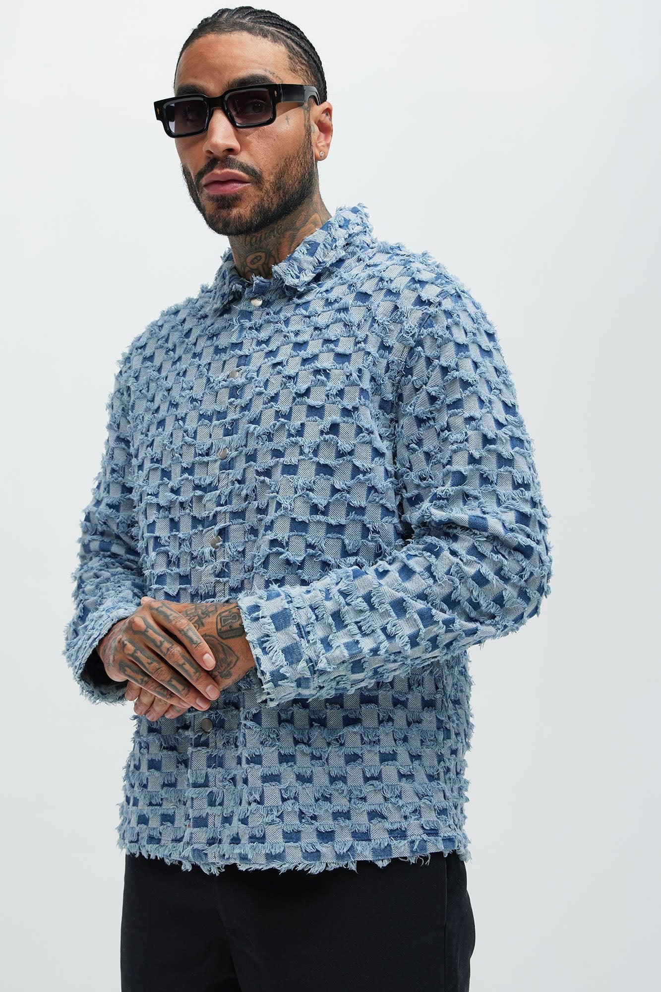 Blame Me Frayed Denim Button Up Shirt - Light Blue Wash Product Image