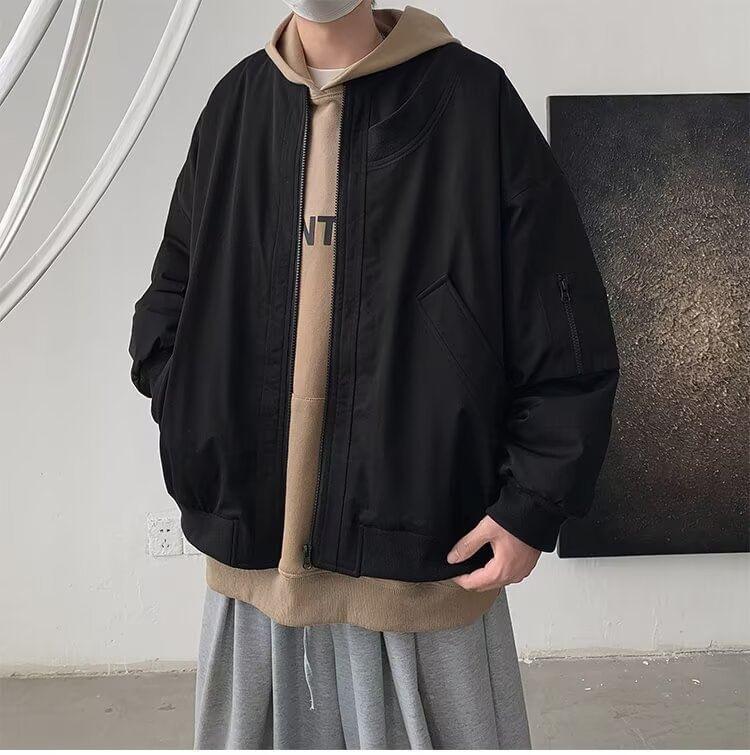 Stand Collar Plain Zip Bomber Jacket Product Image