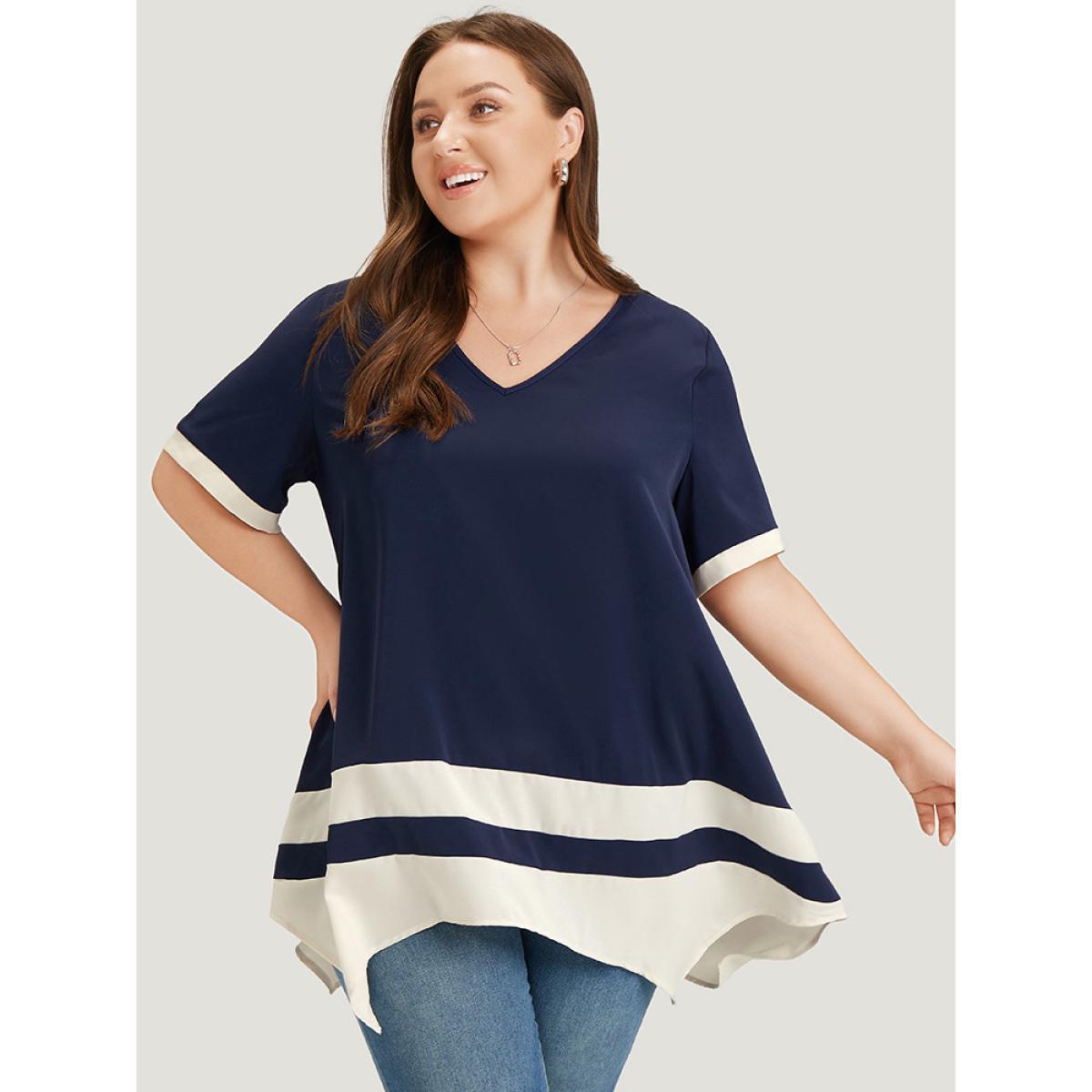 Plus Size Midnight Anti-Wrinkle Two Tone Hanky Hem Blouse Women Office Short sleeve V-neck Work Blouses BloomChic 10/M Product Image