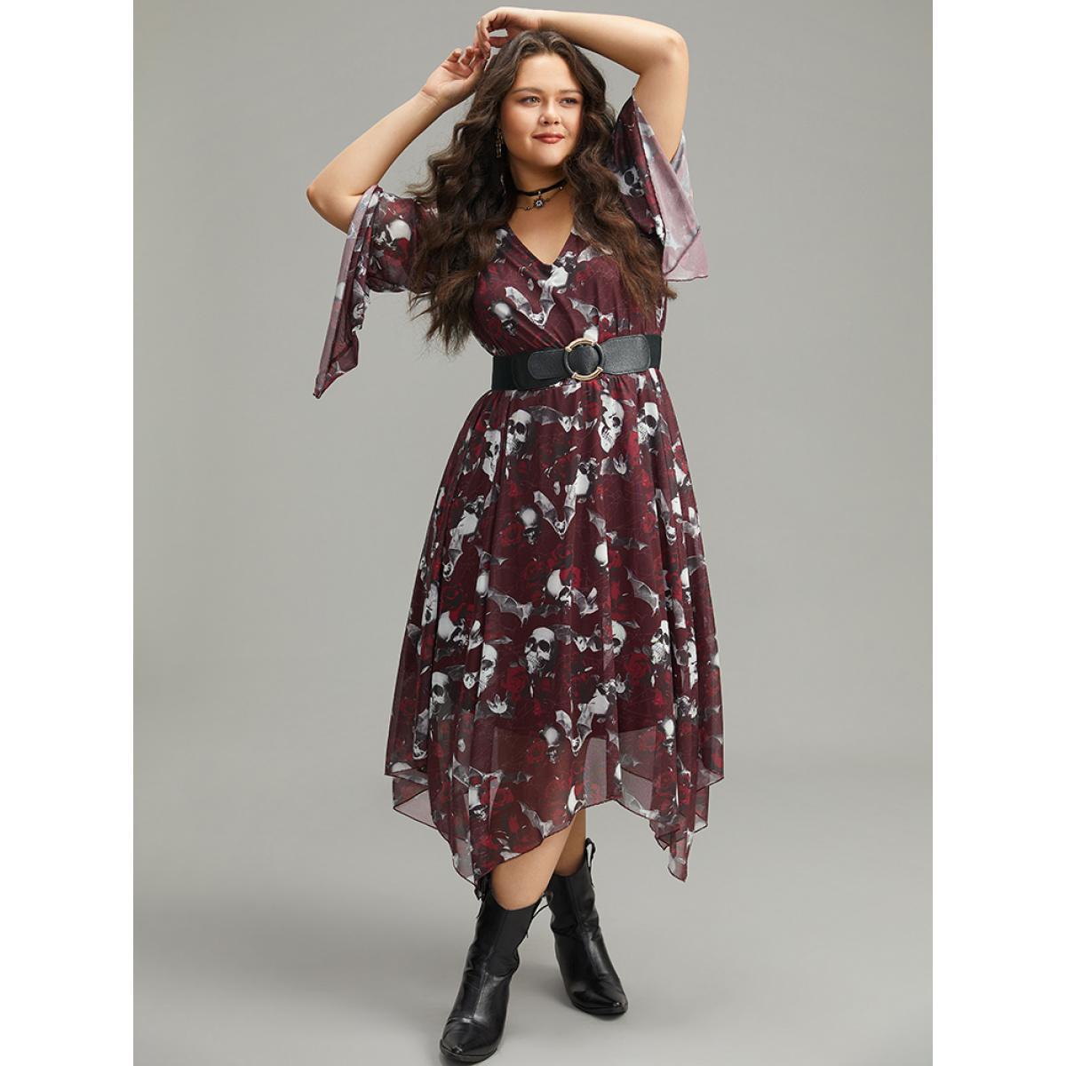 Plus Size Halloween Skull & Floral Print Bell Sleeve Dress Burgundy Women Elegant See through V-neck Long Sleeve Curvy Midi Dress BloomChic 18-20/2X Product Image