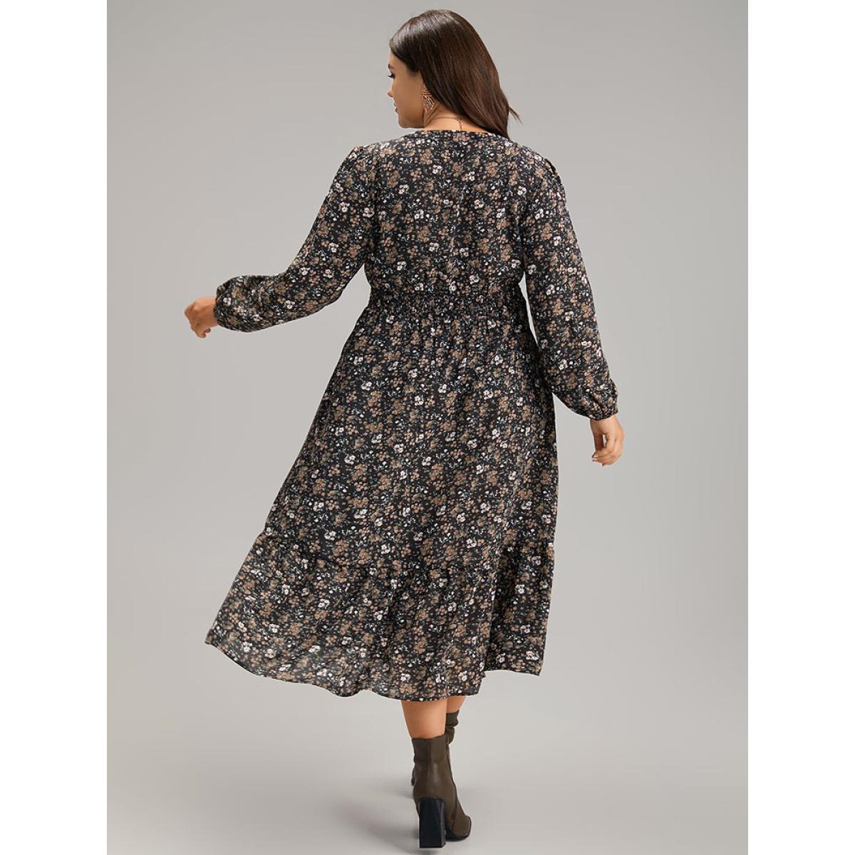 Plus Size Ditsy Floral Notched Flutter Hem Dress Black Women Elegant Elastic cuffs Notched collar Long Sleeve Curvy Midi Dress BloomChic 12/L Product Image