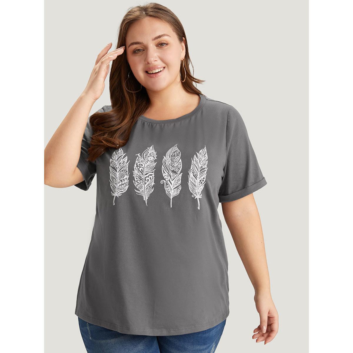 Plus Size Feather Print Roll Sleeve T-shirt DimGray Women Casual Printed Feather Dailywear T-shirts BloomChic 14-16/1X Product Image