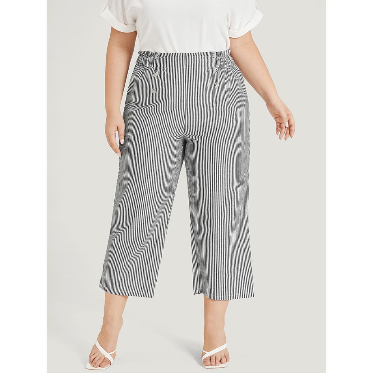 Plus Size Striped Pocket Button Detail Paperbag Waist Pants Women Black Office Straight Leg High Rise Work Pants BloomChic 18-20/2X Product Image