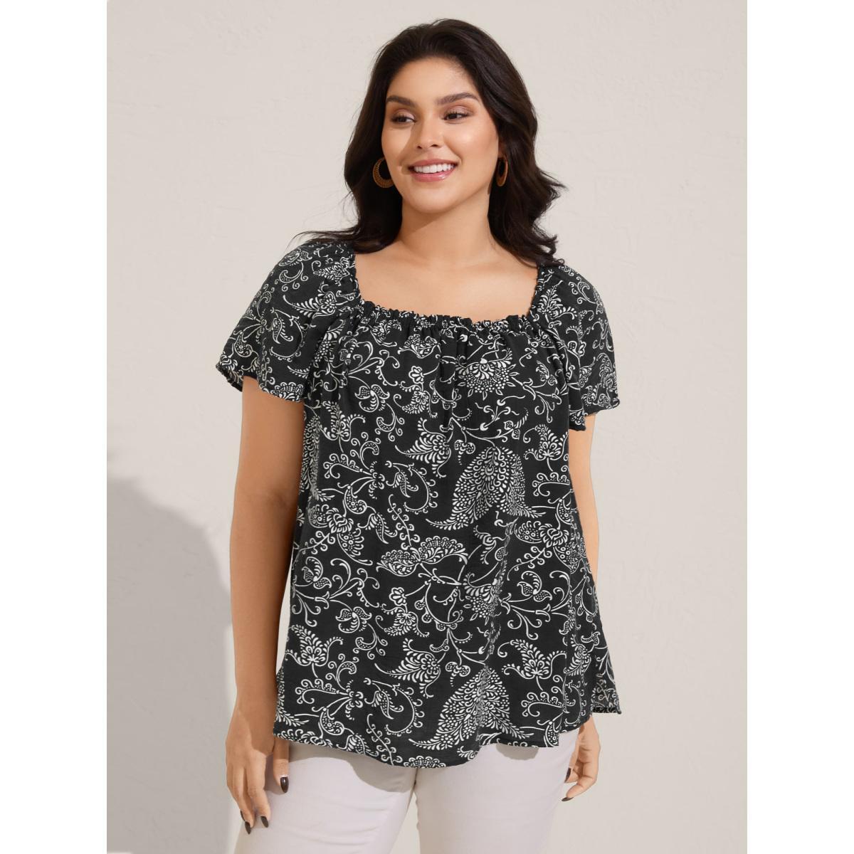 Plus Size Black Floral Print Shirred Neck Flowy Blouse Women Short sleeve Square Neck Vacation Blouses BloomChic 22-24/3X Product Image