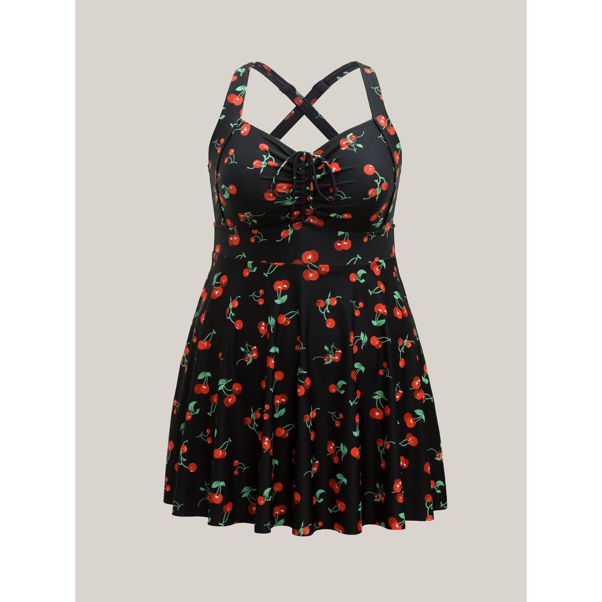 Plus Size Anti-Float Tie Cherry Print Swim Dress Women's Swimwear Black Beach Bodycon Heart neckline High stretch Curve Swim Dresses BloomChic 28/5X Product Image