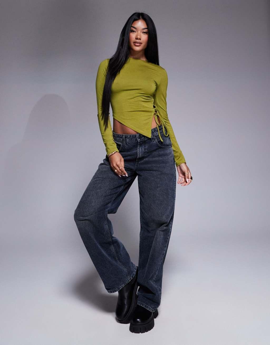 ASOS DESIGN lace up side asymmetric top in olive Product Image