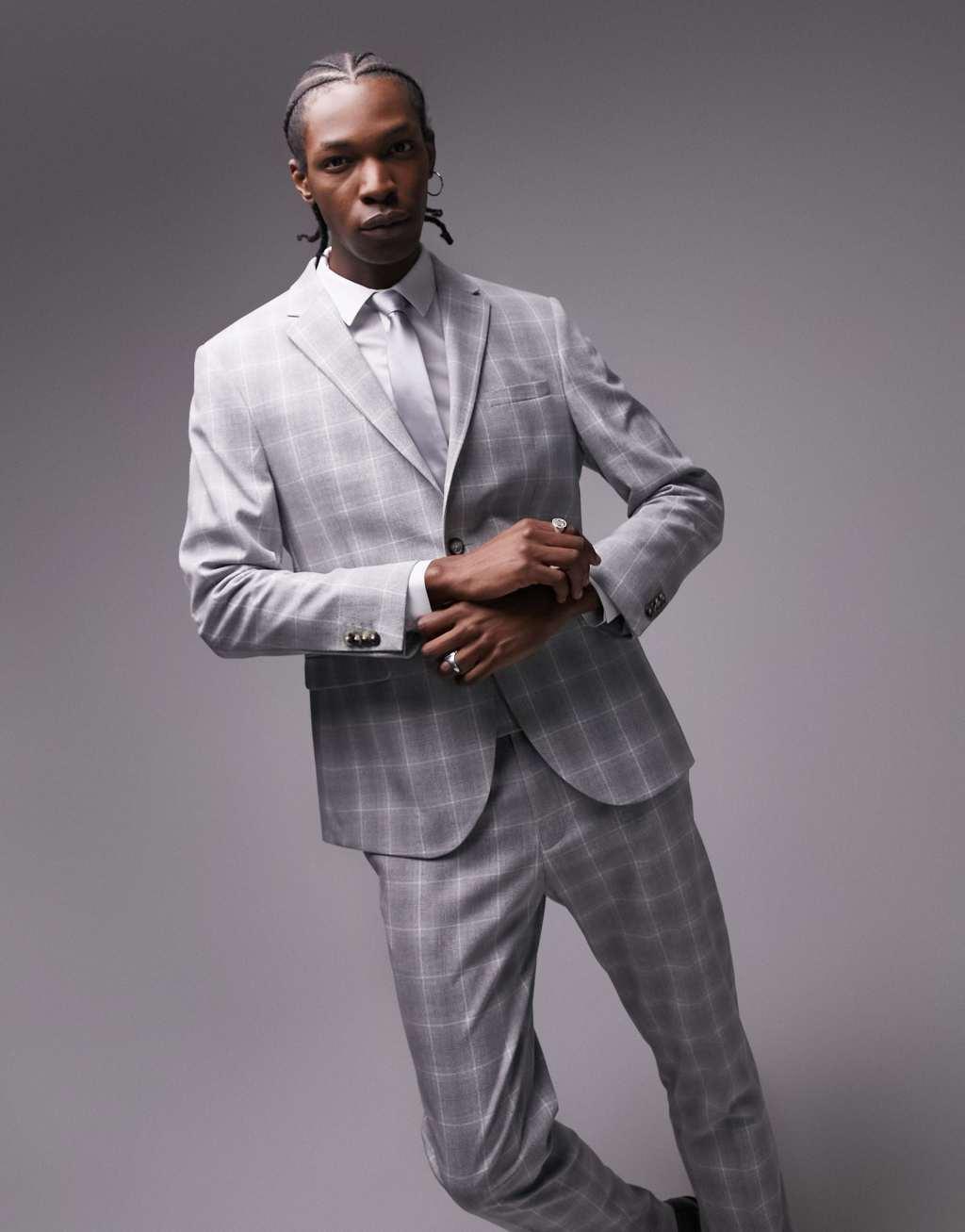 Topman slim fabric interest checked suit jacket in gray Product Image