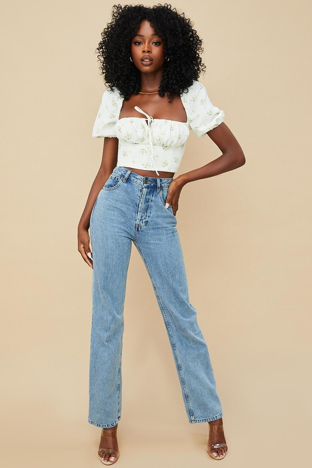 Arianna Ivory Floral Puff Sleeve Cropped Top Product Image