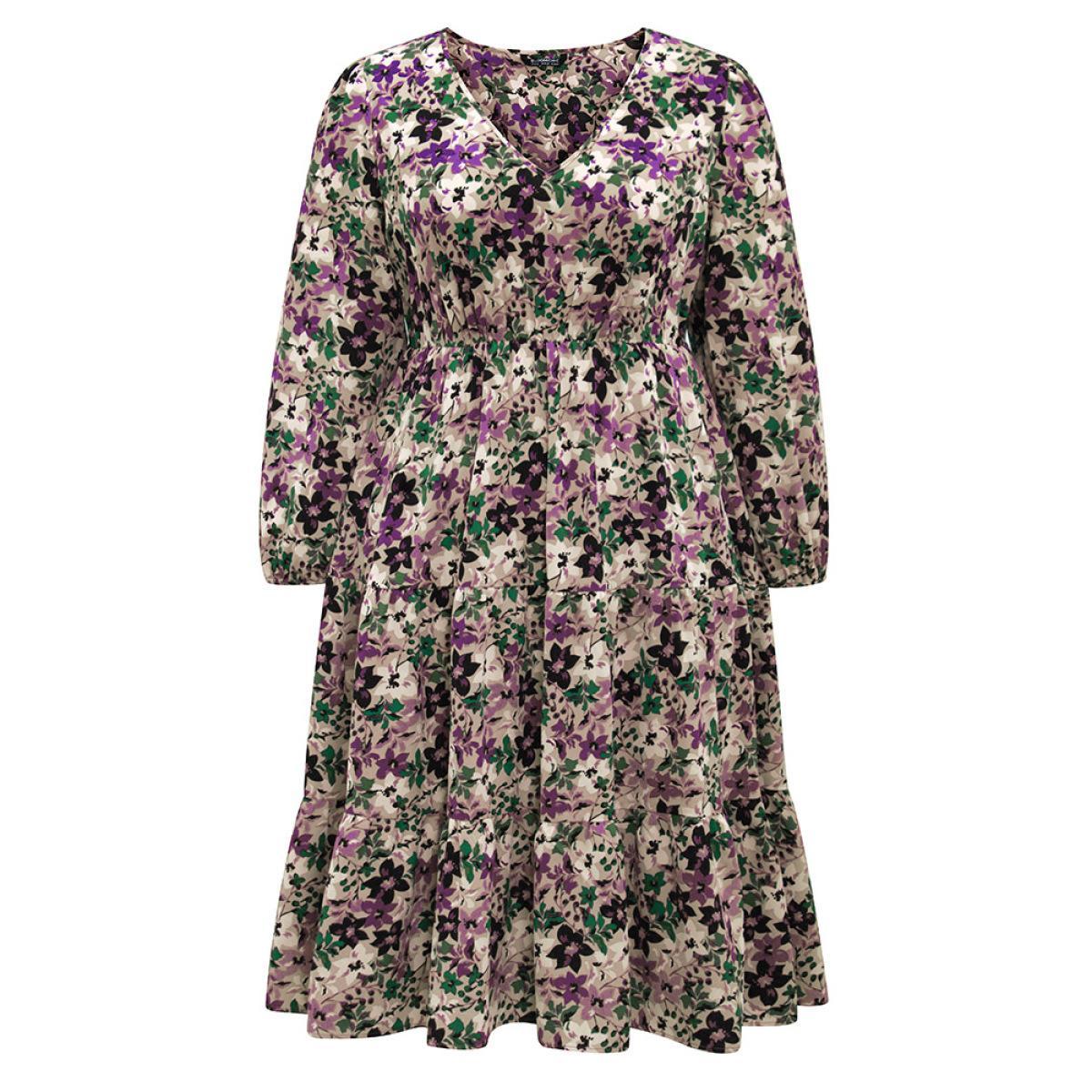 Plus Size Floral Gathered Ruffle Layered Hem Dress Mauve Women Elegant Elastic cuffs V-neck Long Sleeve Curvy Midi Dress BloomChic 18-20/2X Product Image