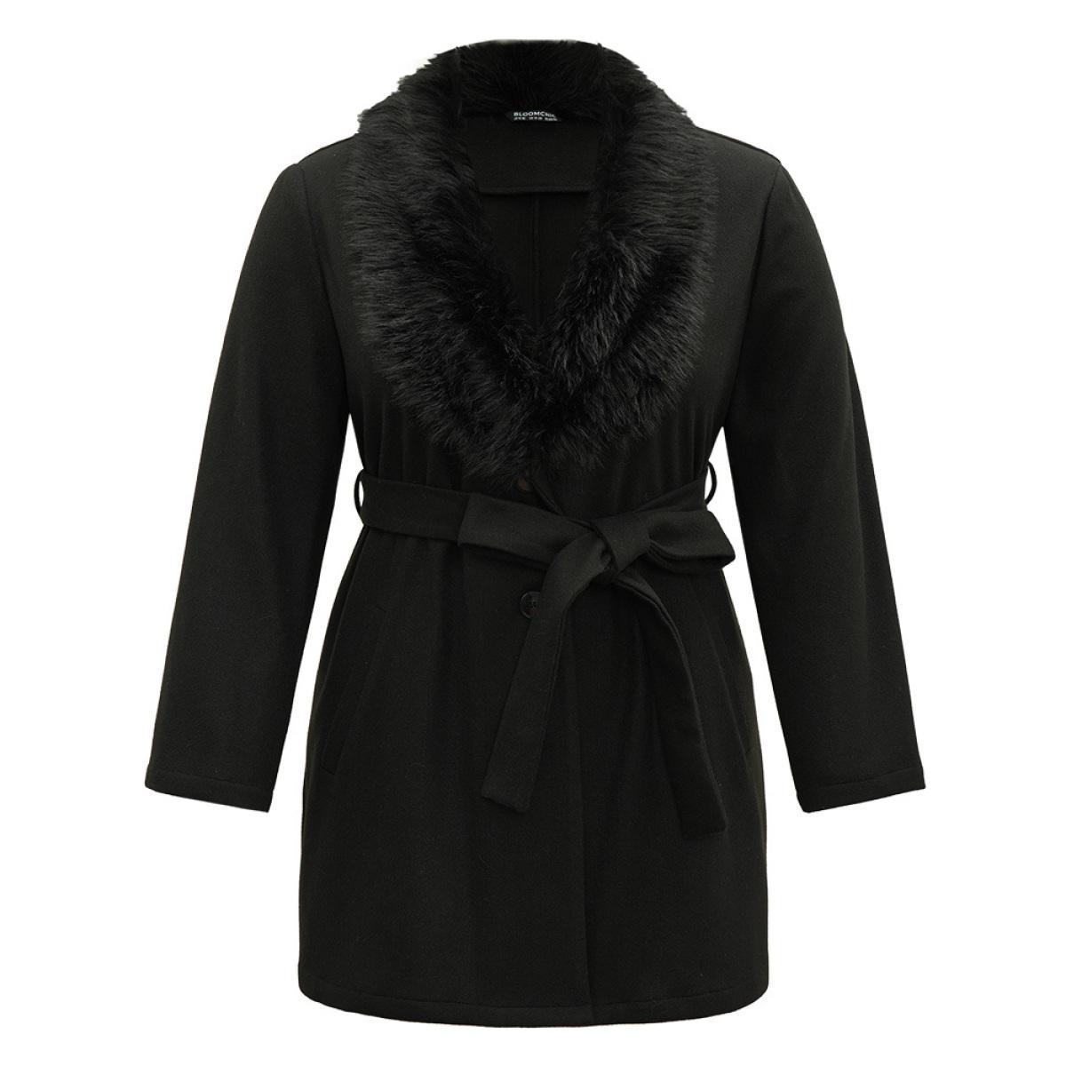 Plus Size Plain Fuzzy Trim Patchwork Belted Coat Women Black Casual Plain Ladies Dailywear Winter Coats BloomChic 18-20/2X Product Image