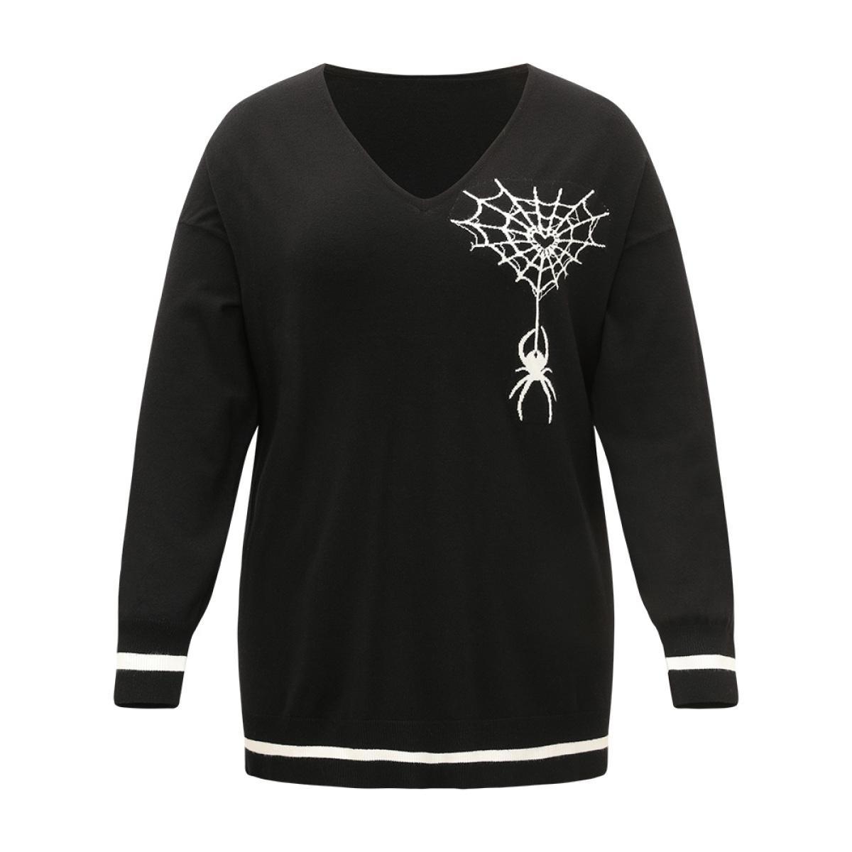 Plus Size Halloween Supersoft Essentials Spider Web Print Contrast Trim Pullover Black Women Casual Loose Long Sleeve V-neck Festival-Halloween Pullovers BloomChic 26/4X Product Image